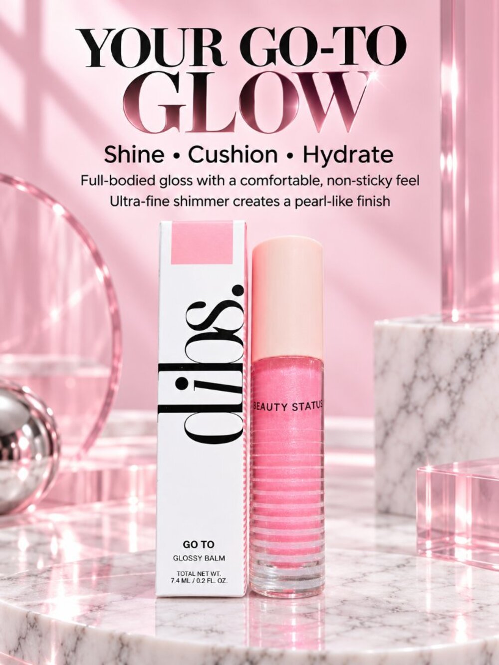 DIBS Beauty Go To Glossy Balm in a luminous pink shimmer shade. Full-size lip gl